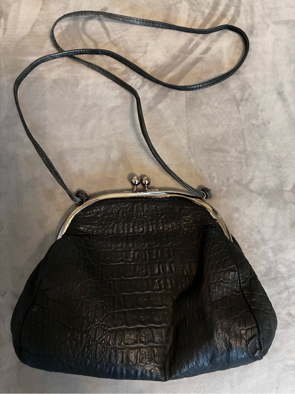 Black Croc-Embossed Leather Kiss-Lock Crossbody Bag